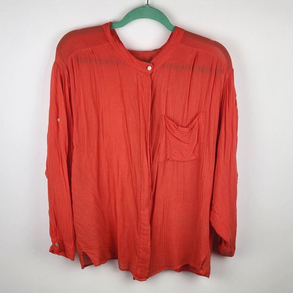 NSF Bamboo Cotton Button Up Long Sleeve Blouse Top sz M